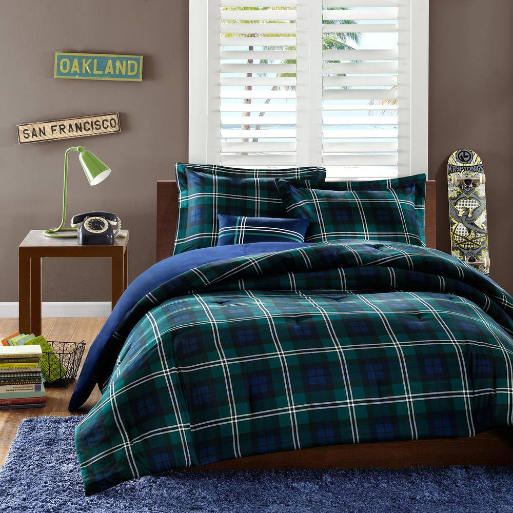 Full Blue Microfiber Reversible Plaid Bedspread Set