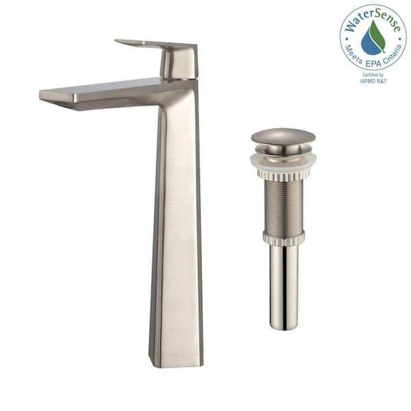 KRAUS Aplos Single Hole Single-Handle High-Arc Vessel Bathroom Faucet with Matching Pop-Up Drain in Brushed Nickel