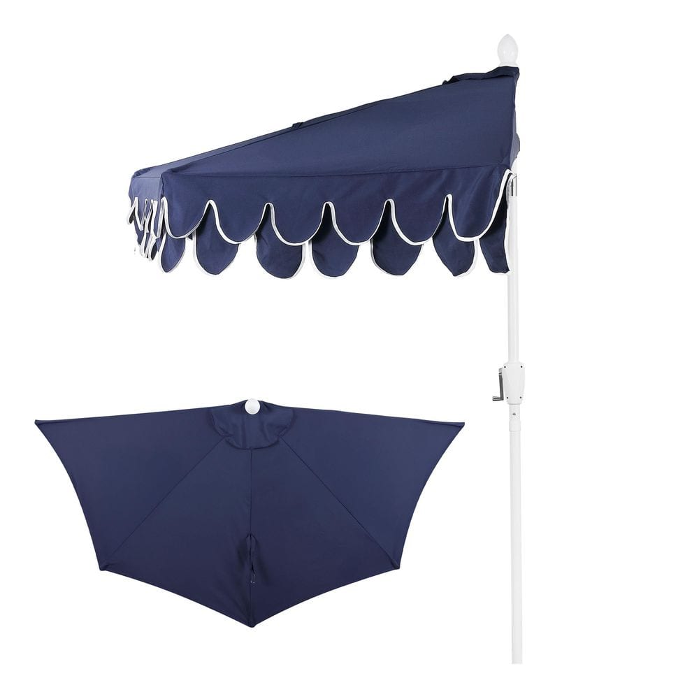 Terrace Arc 9 ft. Classic MidCentury Scalloped Fringe Market Half Patio Umbrella in Navy/White, White Pole price history on PriceWatchPro