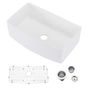 White Fireclay 33 in. Single Bowl Farmhouse Apron Arch Edge Front Kitchen Sink with Bottom Grid and Sink Drain