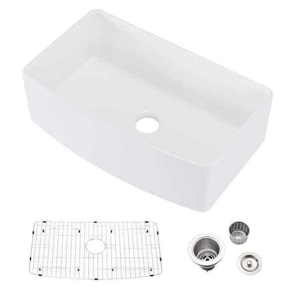 Unbranded White Fireclay 33 in. Single Bowl Farmhouse Apron Arch Edge Front Kitchen Sink with Bottom Grid and Sink Drain