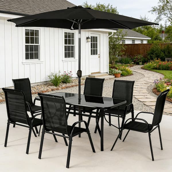 8 pc metal glass top patio table set with umbrella 8-Piece Black Metal Outdoor Dining Table and Chairs Set, Patio Furniture Set  with Umbrella, Tempered Glass Tabletop io-925