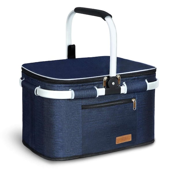 35L Insulated Picnic Basket with Foldable Aluminum Frame, Leak-Proof Cooler Tote, Navy Blue