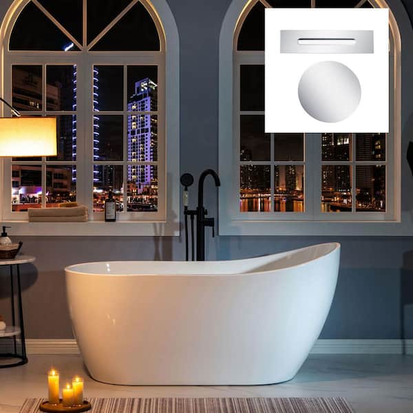 WOODBRIDGE Edison 59 in. Acrylic FlatBottom Single Slipper Bathtub with Polished Chrome Overflow and Drain Included in White