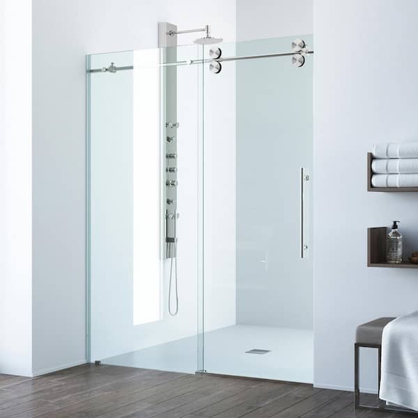 VIGO Elan 52 to 56 in. W x 74 in. H Frameless Sliding Shower Door in Stainless Steel with 3/8 in. (10 mm) Clear Glass
