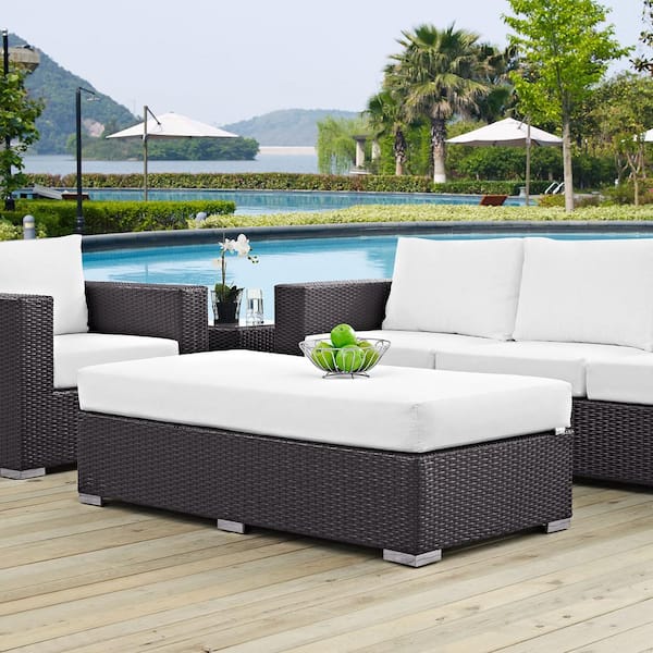 Convene Wicker Outdoor Patio Fabric Rectangle Ottoman in Espresso with White Cushion