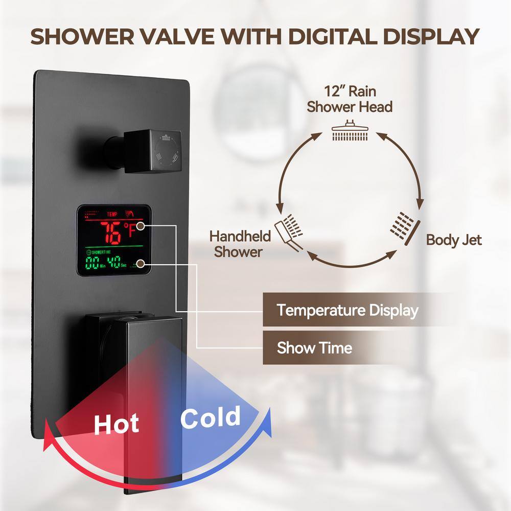 Matte Black 12" Dual Square Wall Mounted Shower System with Body Jets