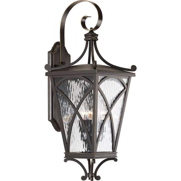 Progress Lighting Cadence Collection 3-Light Oil Rubbed Bronze Clear Water Seeded Glass Luxe Outdoor Large Wall Lantern Light