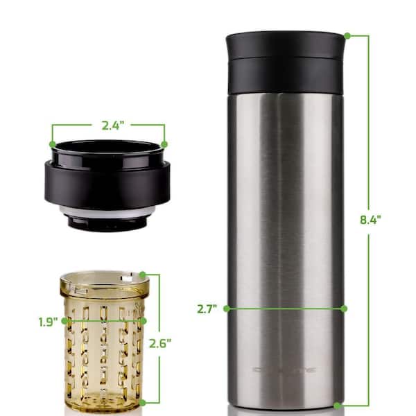 OVENTE 16 oz. Silver Stainless Steel Travel Tumbler with Tea Infuser, Vacuum Insulated and Double-Walled, Spill-Proof, BPA-Free