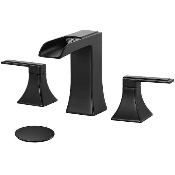 8 in. Widespread Double-Handle Waterfall Bathroom Faucet with Pop-Up Drain in Matte Black