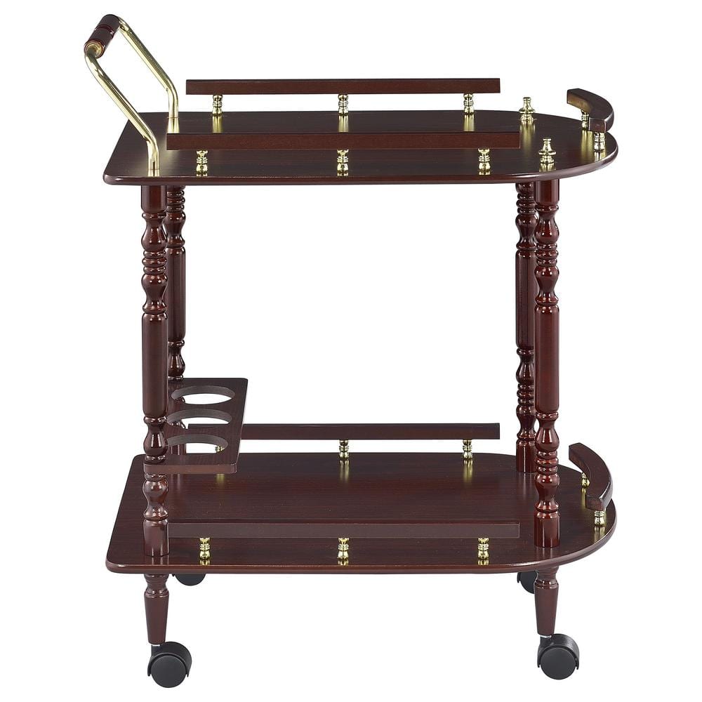 Elegant Merlot and Brass Round Serving Cart with Wine Storage