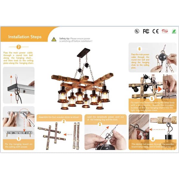 OUKANING 39 in. 8-Light Vintage Industrial Brown Wooden Farmhouse