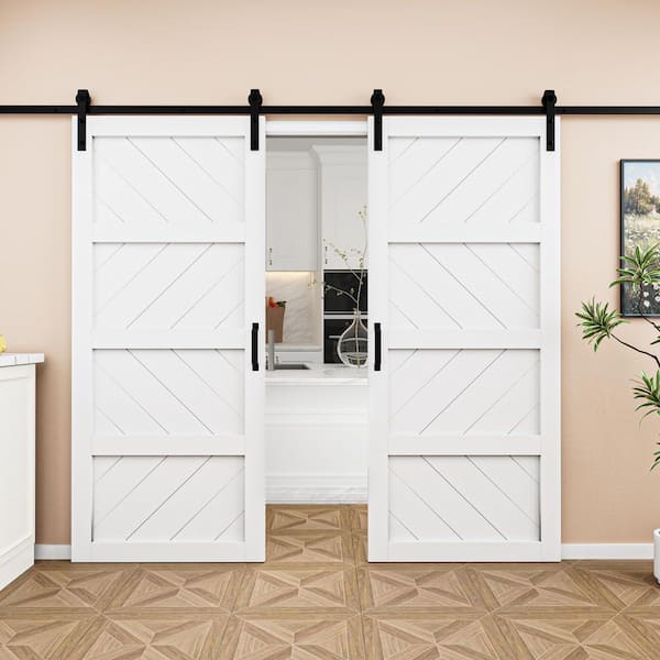 ARK DESIGN 72 in. x 84 in.（Two 36 in. Slabs）White 4 Lite Wave Shape Prefinished Sliding Barn Door with Hardware Kit