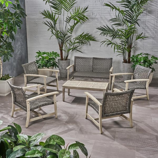 Noble House Hampton Light Grey 6-Piece Wood Outdoor Patio Conversation Seating Set
