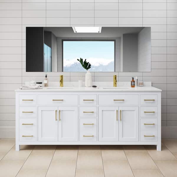 Wyndham Collection Beckett 84 in. W x 22 in. D x 35 in. H Double Sink Bath Vanity in White with Carrara Cultured Marble Top