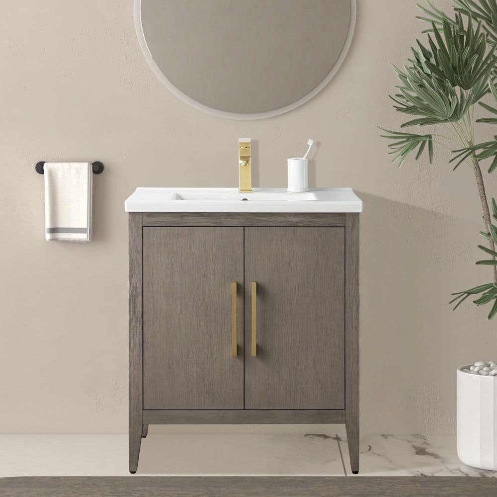 30 in. W x 18.5 in D x 34 in. H Single-Sink Bathroom Vanity Cabinet in Driftwood Gray with Ceramic Top in White price history on PriceWatchPro
