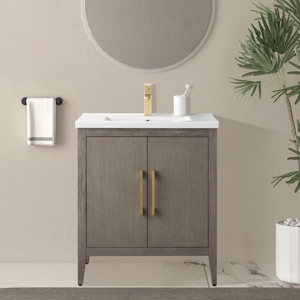 30 in. W x 18.5 in D x 34 in. H Single-Sink Bathroom Vanity Cabinet in Driftwood Gray with Ceramic Top in White