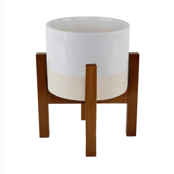 Flora Bunda 8 in. Large 2 Tone Ceramic Pot On Wood Stand