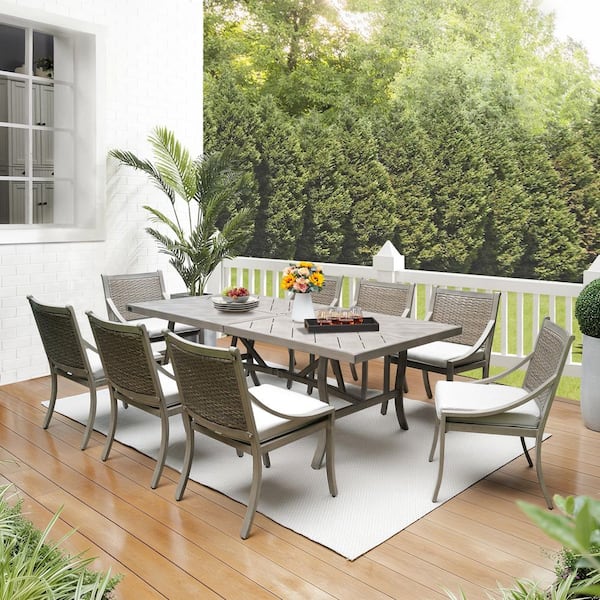 Tampa 9-Piece Aluminum Outdoor Dining Set with Light Gray Cushions