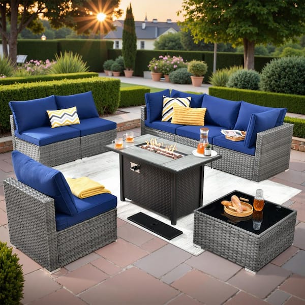 Elora Gray 8-Piece Wicker Outdoor Sectional Set with 42"Fire Pit, Navy Blue Cushion &Coffee Table for Outdoor Living