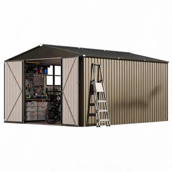 10X12 FT Storage Shed with Cross Windows & Lockable Door，Large Outdoor Metal Shed