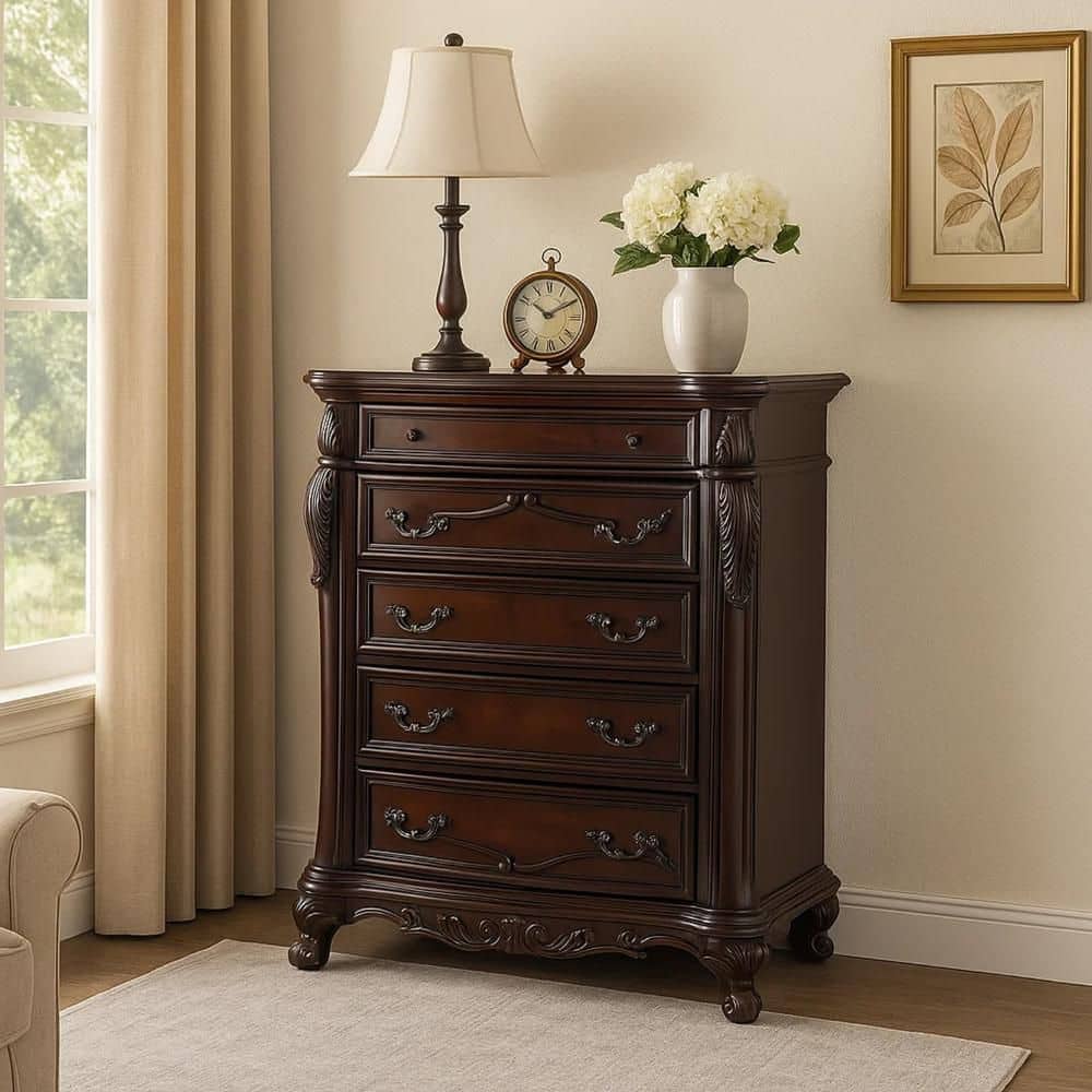 Benjara Cherry Brown and Black 5-Drawers 43 in. Chest of Drawers Dresser  Without Mirror BM319554 - The Home Depot