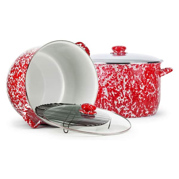 Golden Rabbit Red Swirl 18 qt. Enamelware Stock Pot with Glass Lid