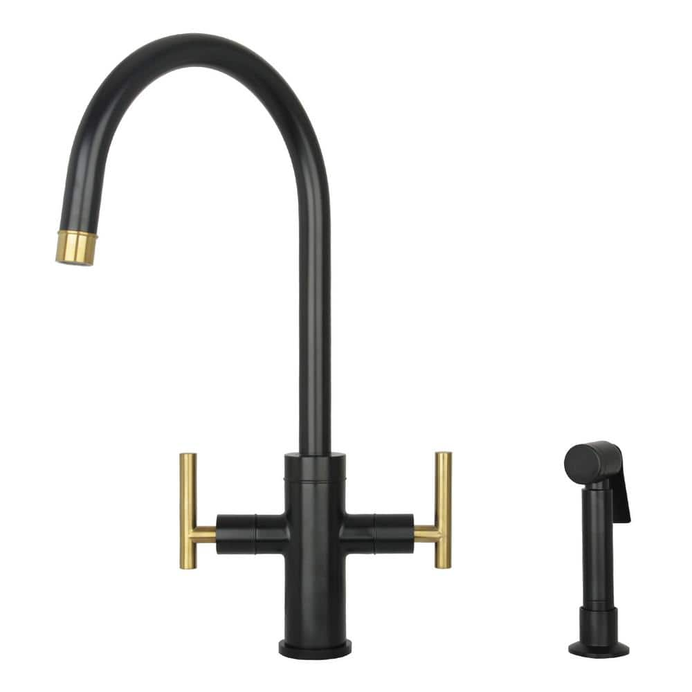 2-Handles Standard Kitchen Faucet with Side Spray in Black and Gold -  Akicon, AK96766-BLBG