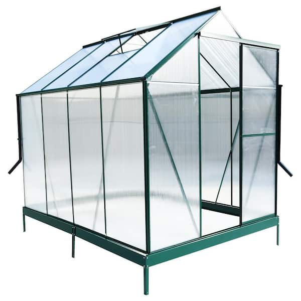 6 ft. W x 8 ft. D x 8 ft. H Aluminium Frame Polycarbonate Green Walk-in Greenhouse with Rain Gutter, Vent and Door