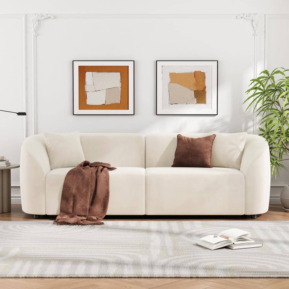 Beige Velvet Upholstered Curved 2-Seater Sectional Sofa