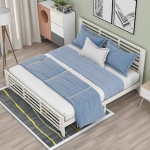 White Wood Frame King Size Platform Bed with Horizontal Strip Hollow Shape Headboard and Footboard