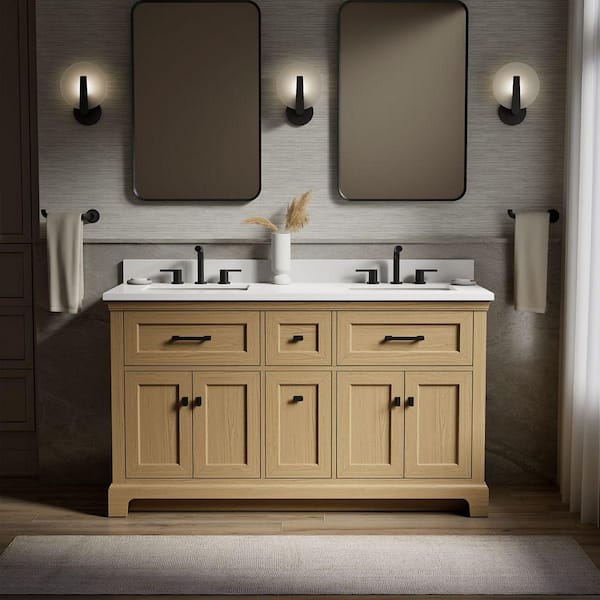KOHLER Charlemont 61 in. Double Sink Freestanding Light Oak Bath Vanity with White Quartz Top Assembled