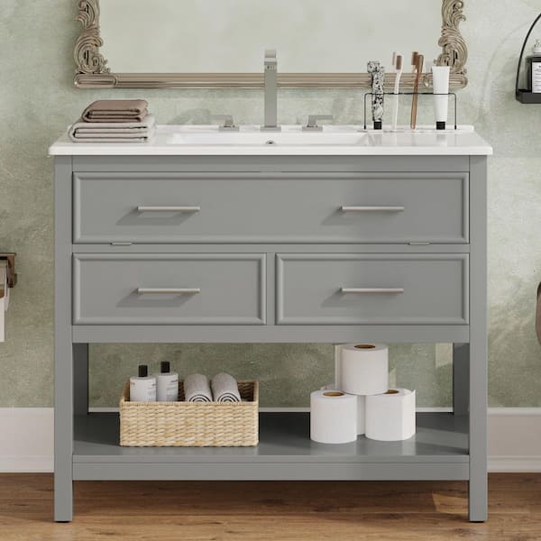 36 in. Freestanding Gray Bath Vanity with White Ceramic Top, 3 Drawer, Open Shelf Bathroom Storage Cabinet Unassembled