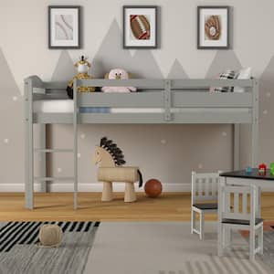 Grey Twin Low Loft Bunk Junior Bed Bedroom Wooden Guard Rail Ladder