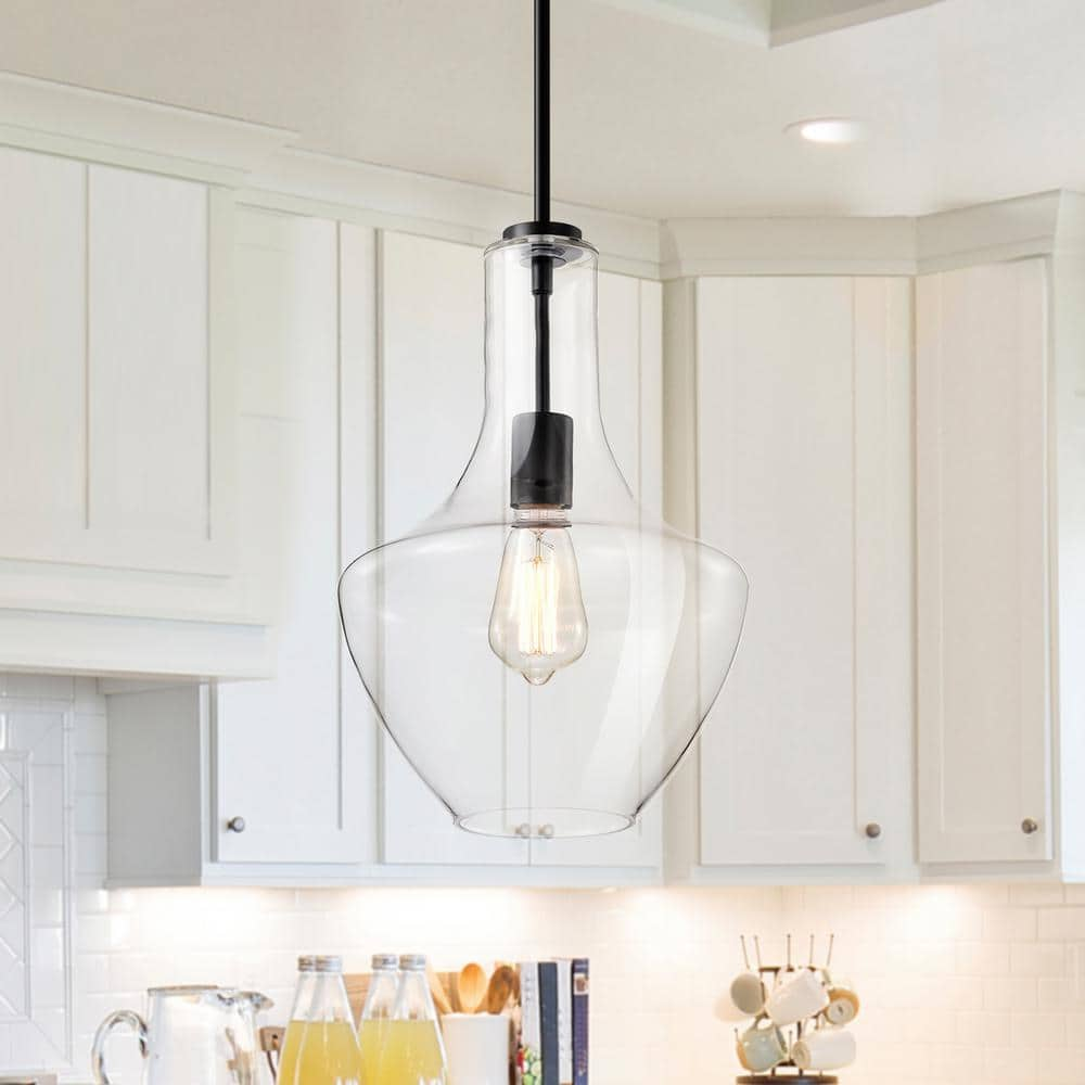 Edvivi 1-Light Farmhouse Matte Black Pendant-Light with Clear Glass ...