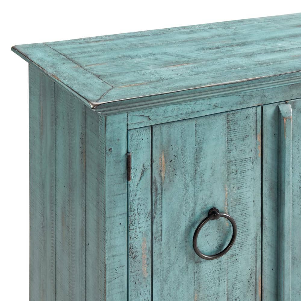 Rustic Turquoise Solid Pine 65" TV Stand with Cabinet