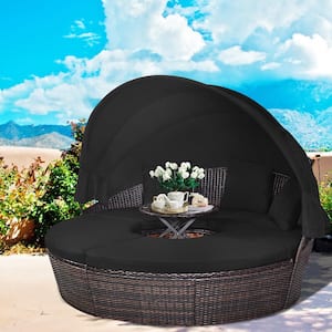 PE Wicker Outdoor Day Bed with Cushion Black Patio Rattan Round Daybed  with Adjustable Table 3 Pillows
