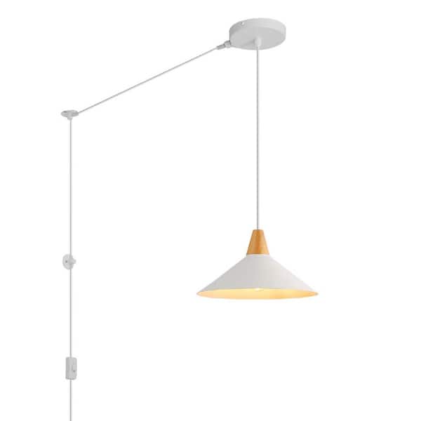 Zompoo 10.2 in. 1 Light Plug in Pendant Light with White Metal Shade and Switch, Industrial Adjustable Height Wood Chandelier