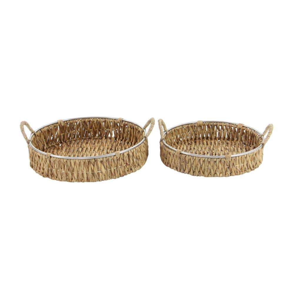 20" Round Natural Seagrass Woven Storage Basket Set with Metal Ring Handles