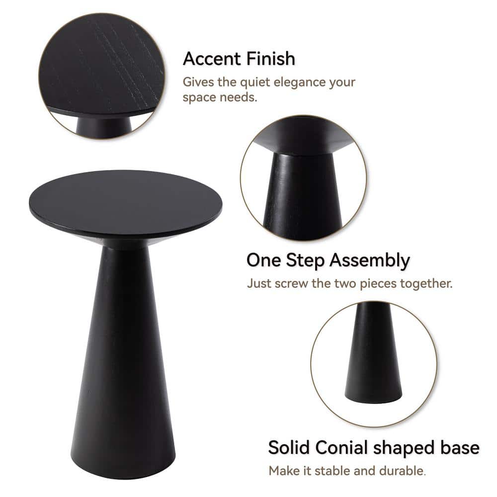 Black Round Pedestal Solid Wood End Table, 13.5 in