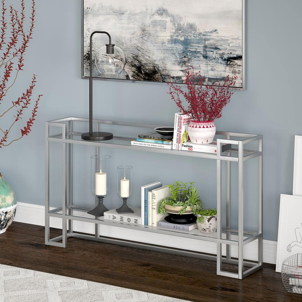 Uriel Art Deco-Inspired 52'' Silver Metal & Glass Console Table with Storage