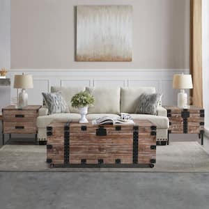 3-Piece Antique Reclaimed Wood Living Room Trunk Table Set with Large Storage Coffee Table and Dress Up Side Tables