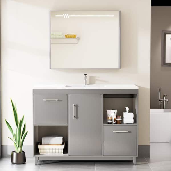 48 in. Gray Wood Single Sink Freestanding Bath Vaniy with White Resin Top