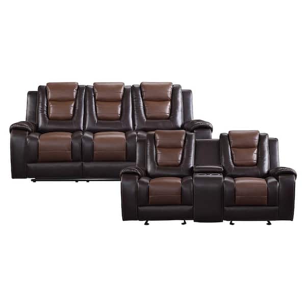 Lazzara Danio 85.5 in. W Straight Arm Faux Leather Rectangle 2-Piece Manual Reclining Sofa Set in. 2-Tone Brown