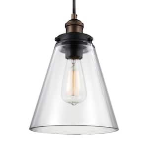 Baskin 8.5 in. W 1-Light Painted Aged Brass/Dark Weathered Zinc Rustic Clear Glass Cone Pendant with Adjustable Cord