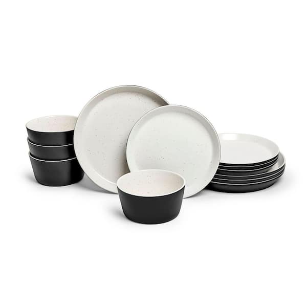 Sango Stockholm 12-Piece Stoneware Dinnerware Set, Black/White, Round, Service for 4, Microwave and Dishwasher Safe