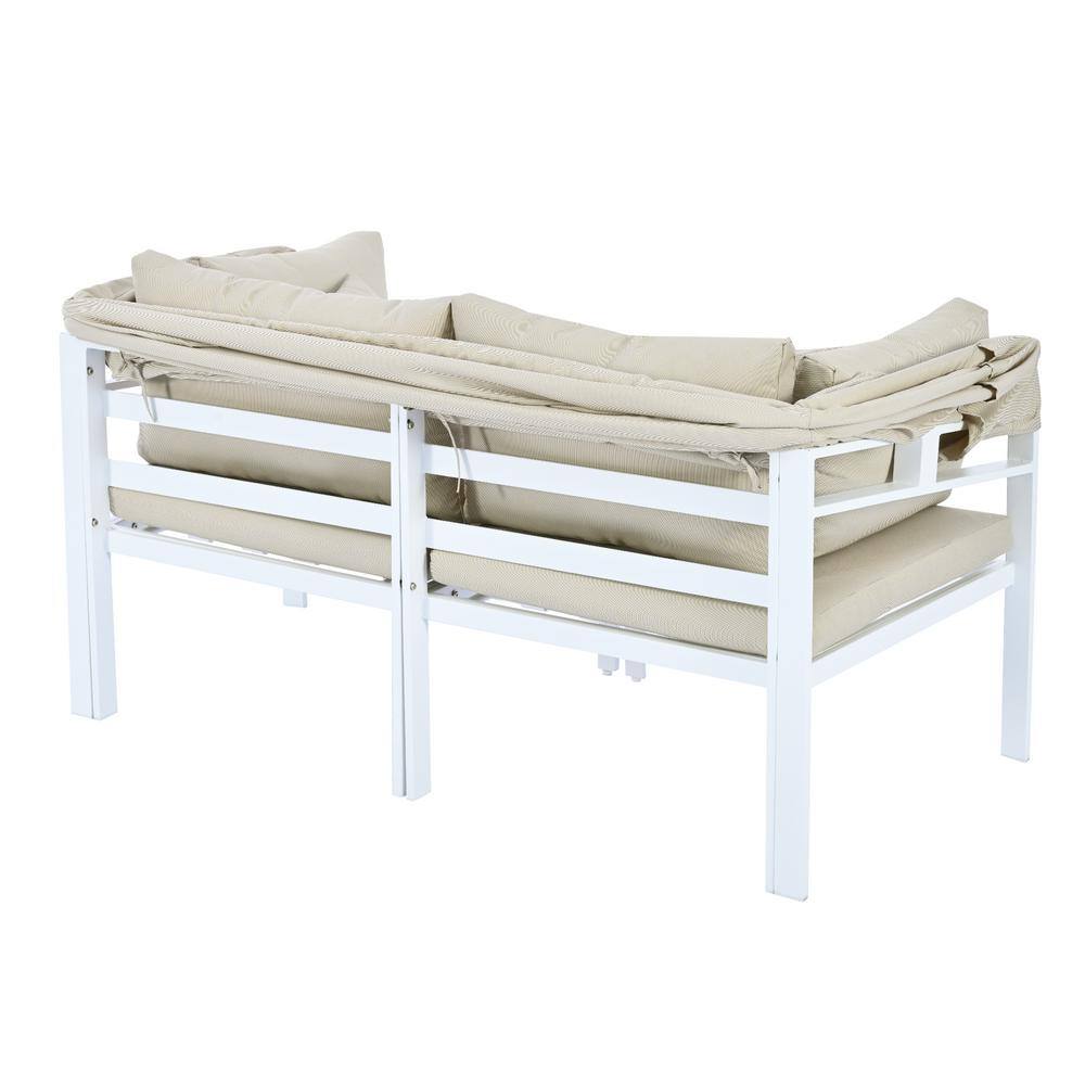 Beige Metal Two-Seat Sectional with Retractable Canopy