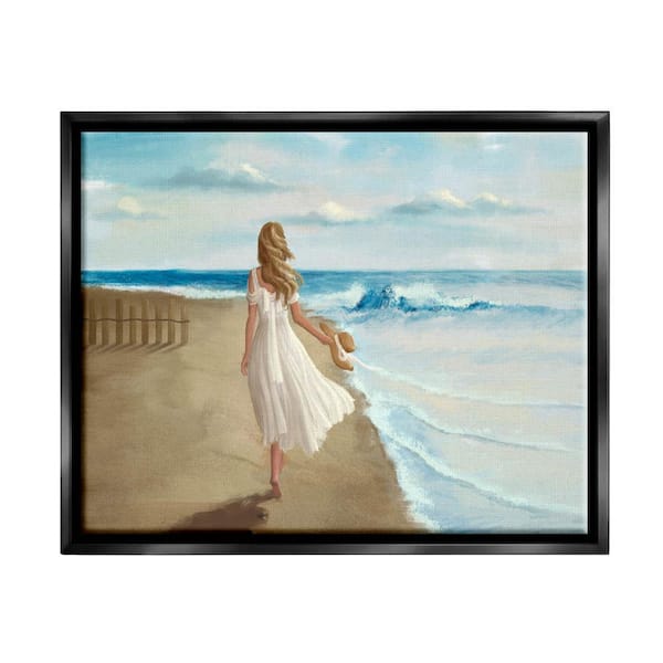 The Stupell Home Decor Collection Walk On The Beach Blue Ocean Painting by Ziwei Li Floater Frame Typography Wall Art Print 21 in. x 17 in.