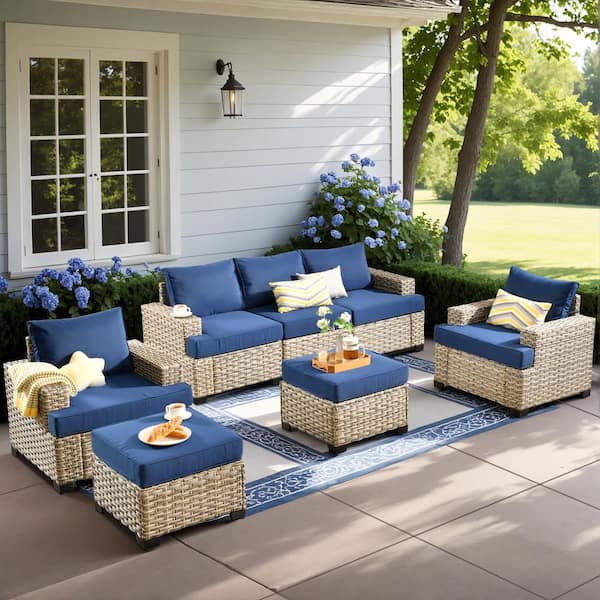 Merritt 7-Piece Wicker Modern Outdoor Patio Conversation Sofa Seating Furniture Set with Navy Blue Cushions