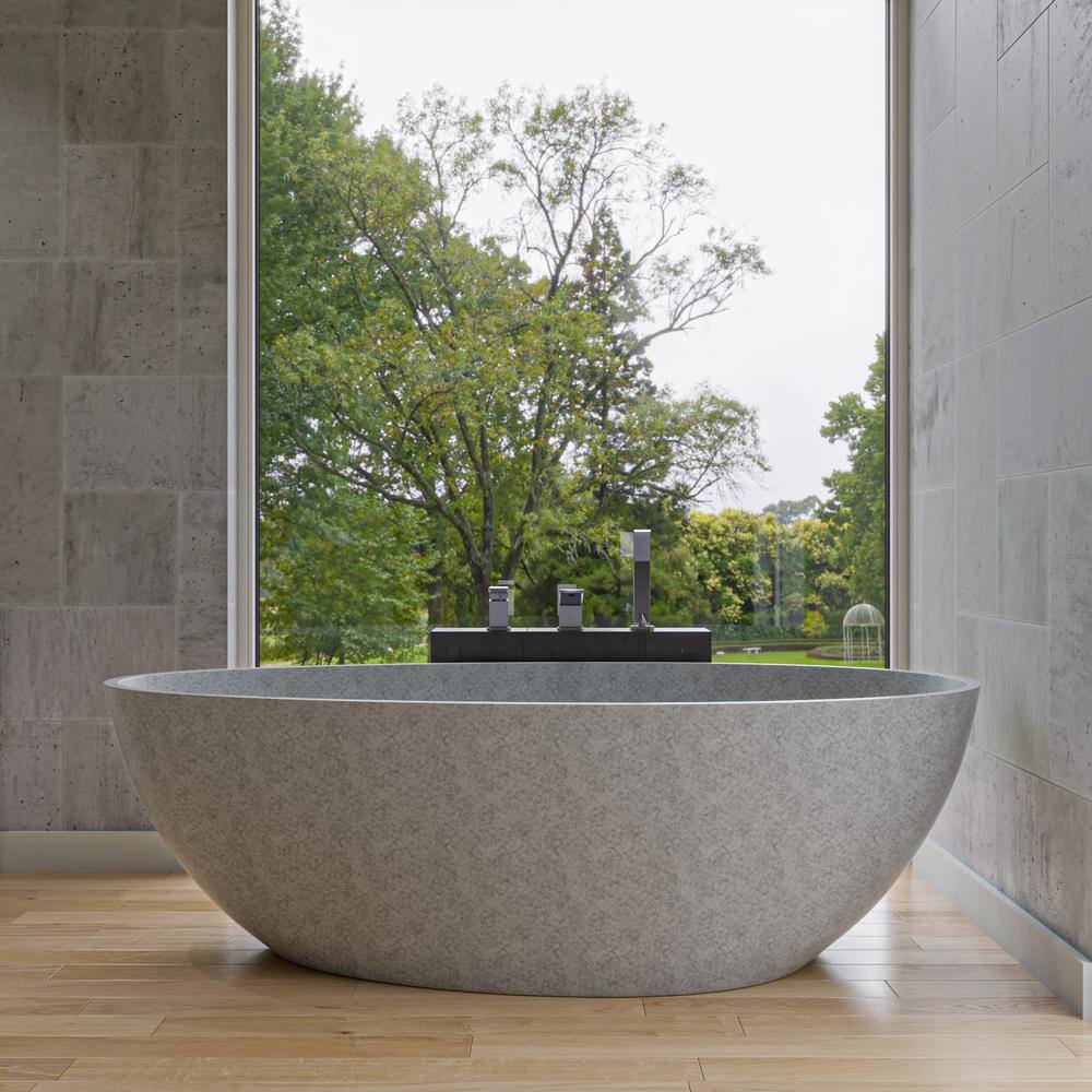 72'' Gray Matte Freestanding Oval Concrete Soaking Bathtub